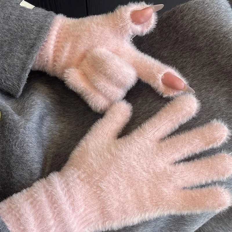 Womens long cashmere touch screen Gs Winter warmth Gs Elastic soft full finger gloves Plush artificial fur Knitted Gs W241026