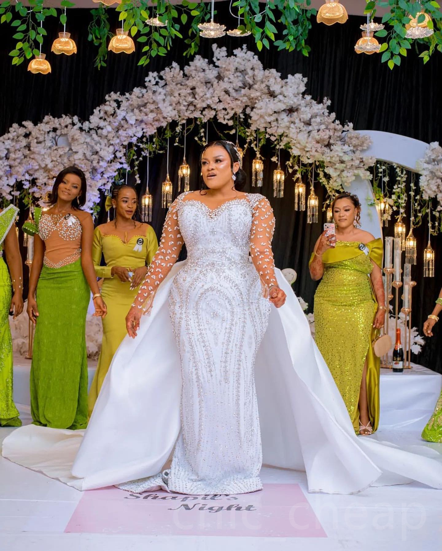 2024 Arabic Aso Ebi Plus Size White Mermaid Wedding Dresses Rhinestones Full Sleeves Sequined Lace Detachable Train Bridal Gowns Dress ZJ045