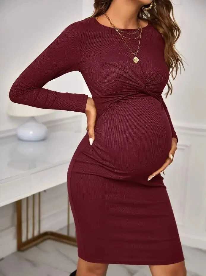 Solid maternity long sleeved dress 2023 autumn maternity cross knitted dress maternity club clothing W241026