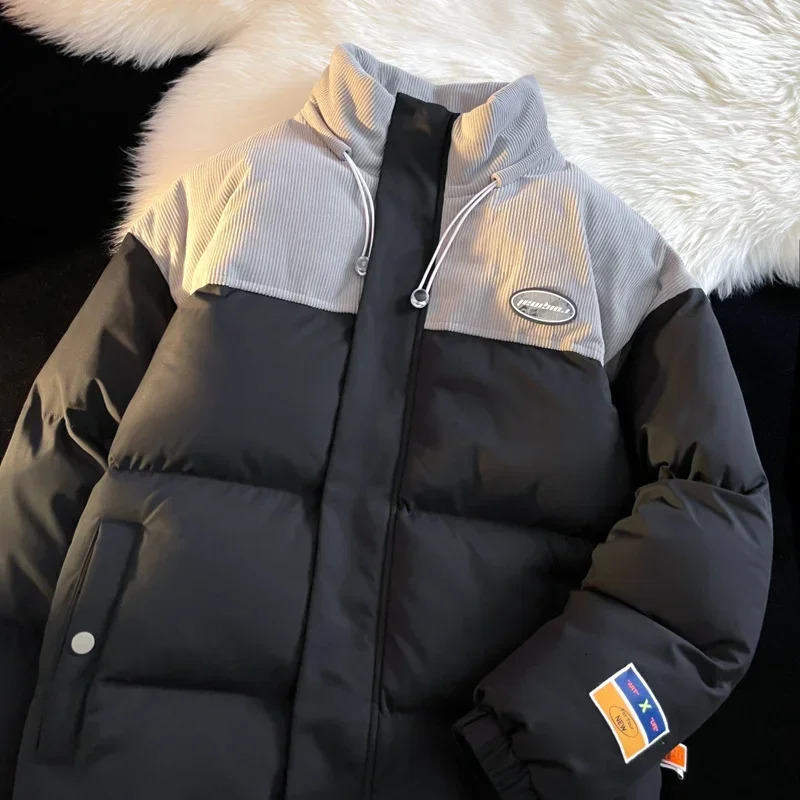2024 Winter Jacket Mens Harajuku Corduroy Stitching Thickened Warm Parka Japanese Style Street Coldproof Padded Coat Ski 241025