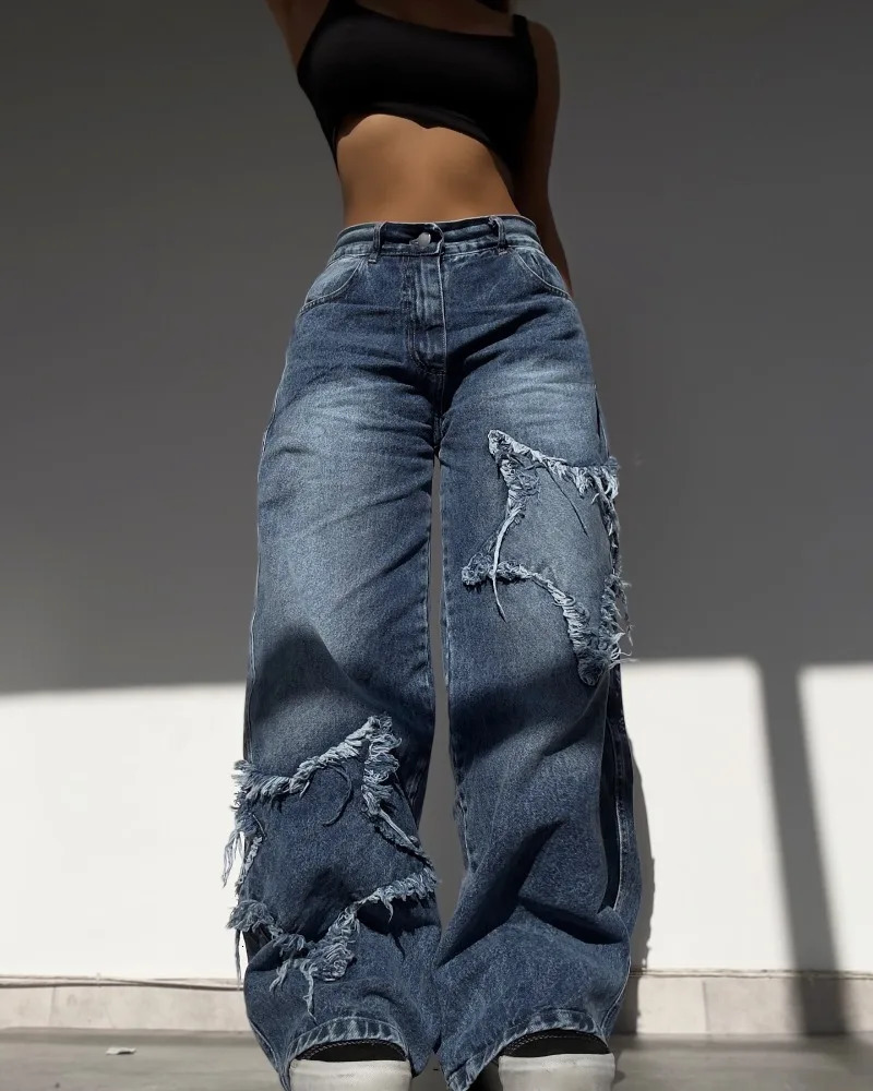 Y2K Fashion Star Embroidery Patch Baggy Jean Street Harajuku Vintage Hip Hop Casual Gothic High Waist Wide Leg Pants 241025