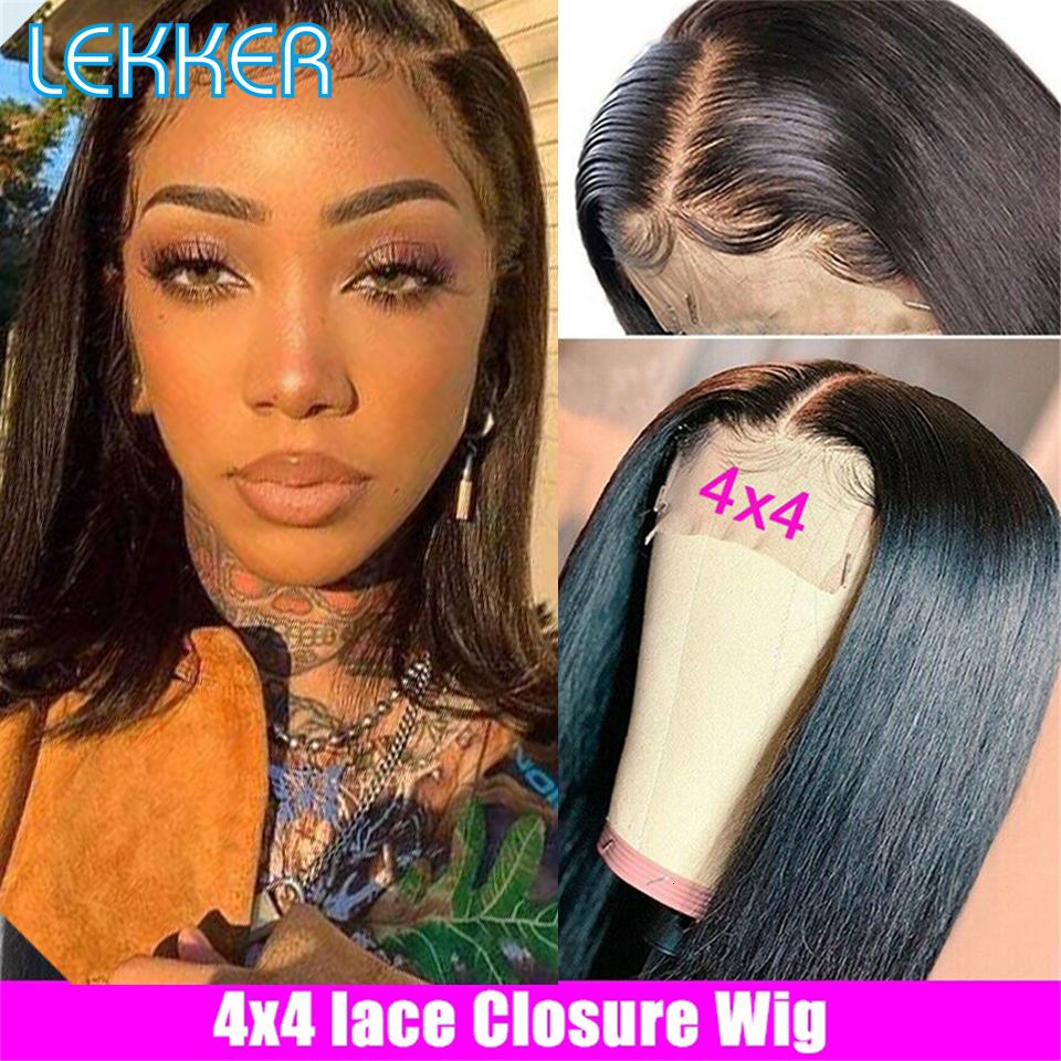 Lekker Bone Straight 4x4 Closure Lace 100% Human For Women Glueless Brazilian Remy Natural Black Hair Free Long Wigs