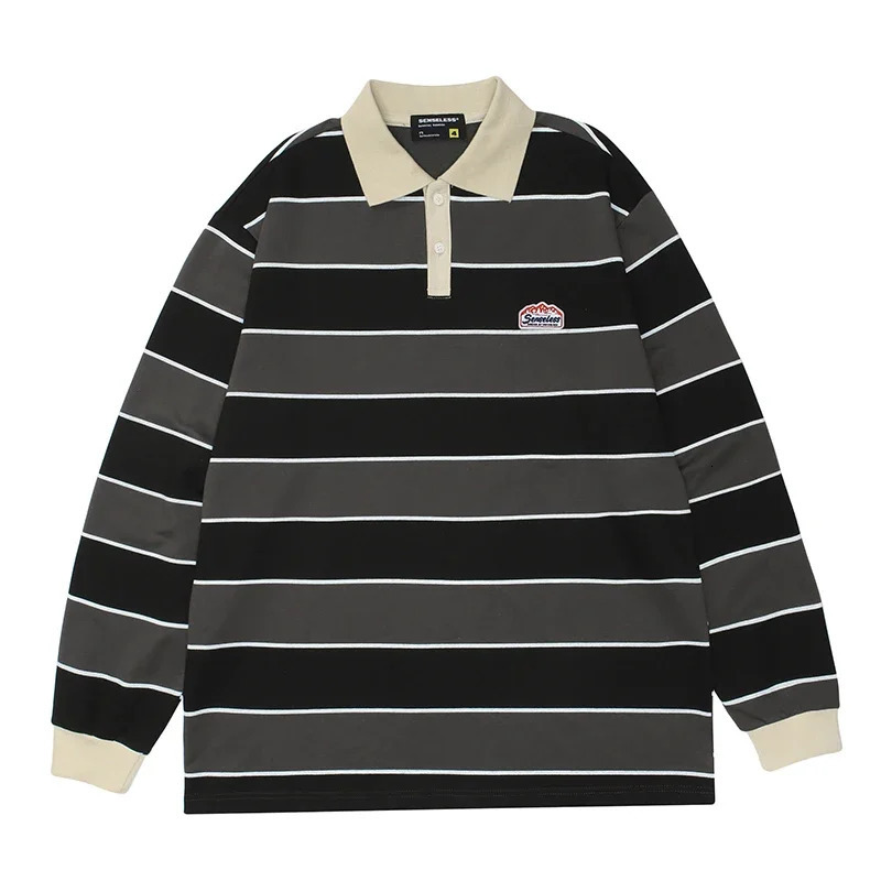 Japanese Vintage Stripe Long Sleeved Lapel Shirt Top for Men Women Loose Trend Streetwear 2023 BF Style Preppy Cotton Sweatshirt 241025