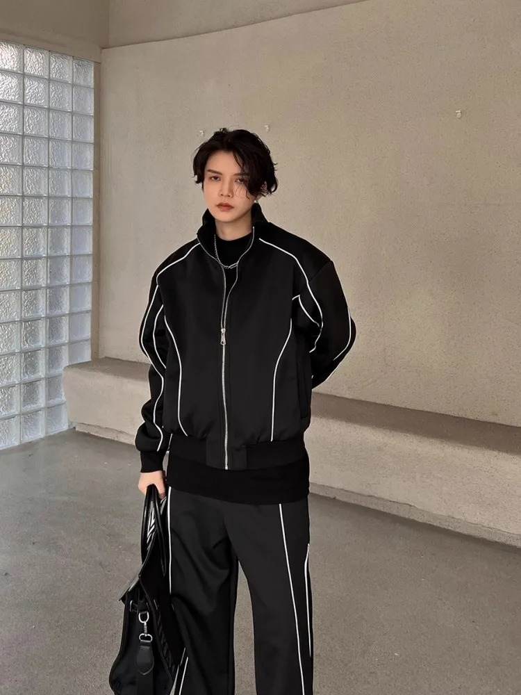 Spring Autumn Long Sleeve Stand Collar Jacket Wide Leg Pants Mens Two Piece Set Loose Fit Running Tracksuit Male Sport Sets 241025