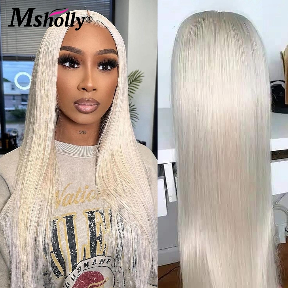 Glueless Straight Platinum Blonde Colored Lace Closure Remy Human Hair 13x4 White TransparentLace Frontal Wigs Preplucked