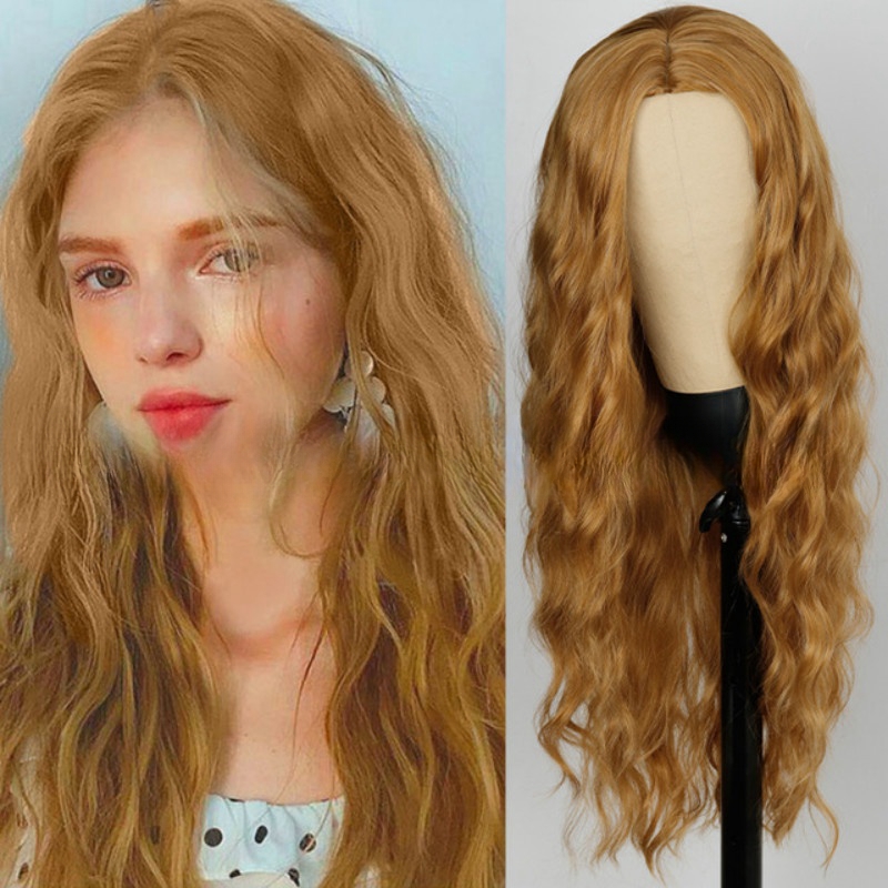 Wig women wine red long hair female middle part corn perm long curly hair chemical fiber wig