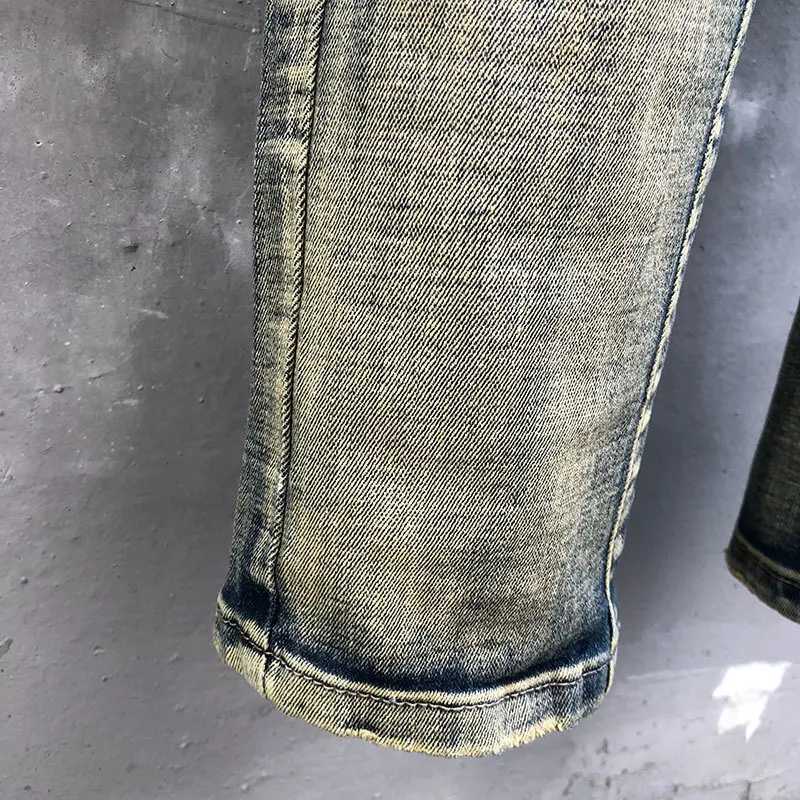Hip hop mens elastic slim Jean Fall designer Jean Retro motorcycle jeans mens motorcycle patch work fashion brand Jean High Strt X241026
