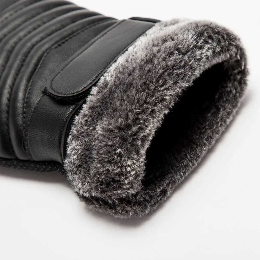Winter Warm Black PU Gs Mens Fur Mouth Plush Insulated Gloves Mens Outdoor Bicycle Touchscreen Cotton Gs W241026