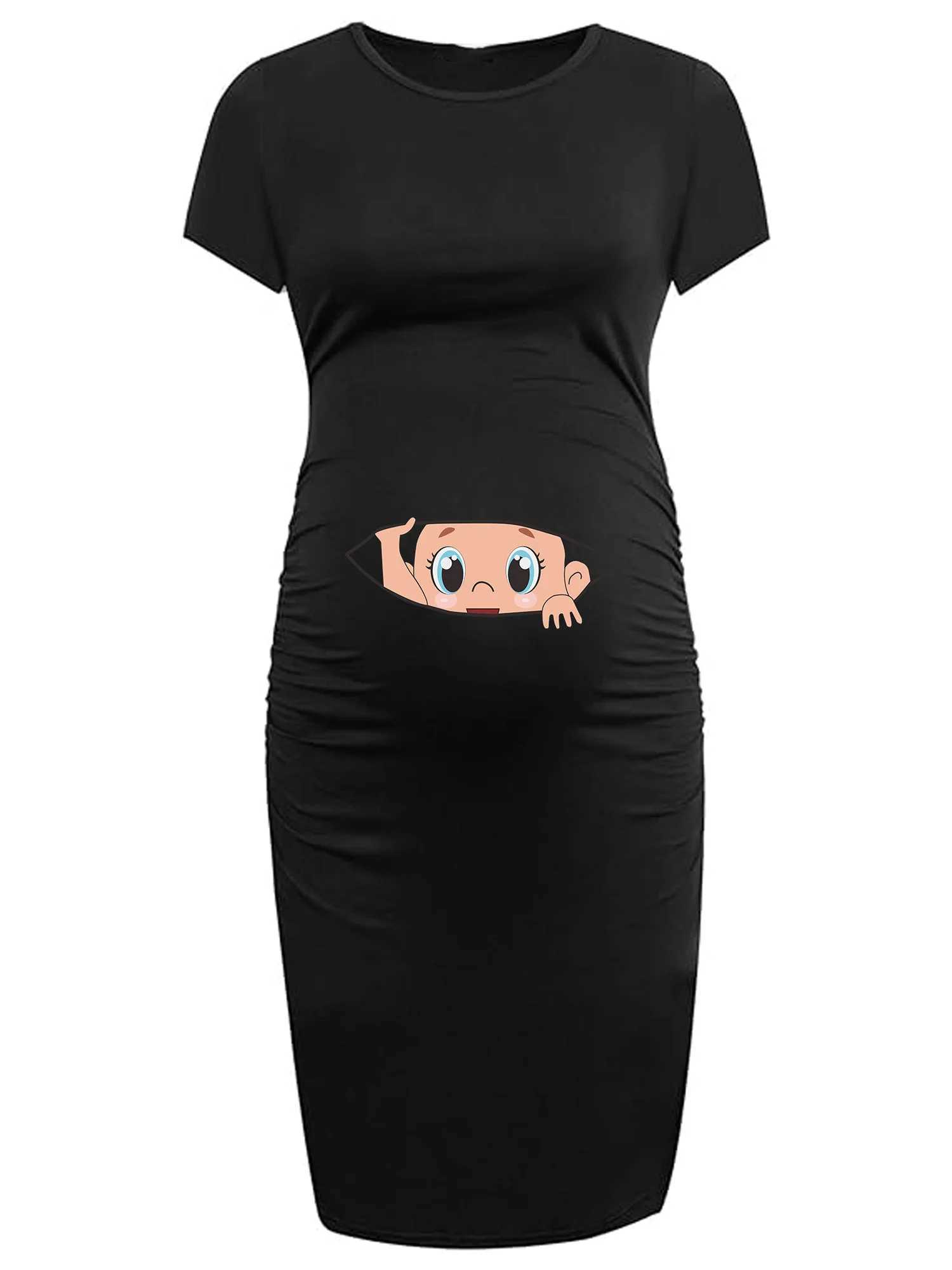 Womens pregnant womens cute cartoon pattern printed short sleeved dress summer slim fit pregnant womens clothing W241026