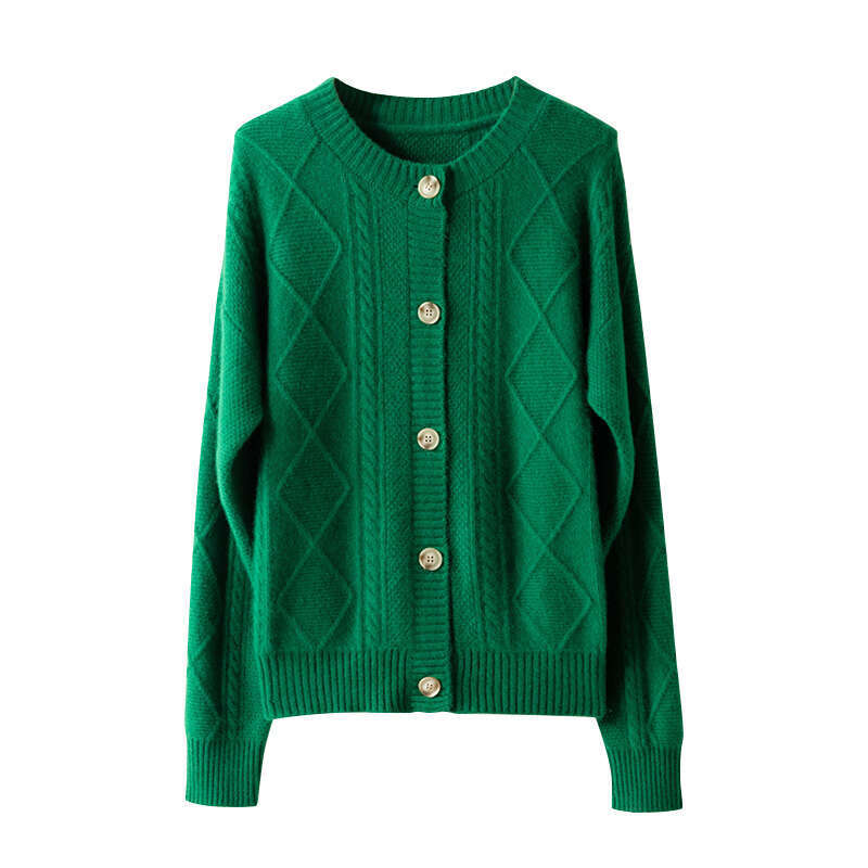 2021 Autumn/Winter New Cashmere Women's Round Neck Cardigan Sweater Coat Twist Loose Large Size Knit 100% Wool