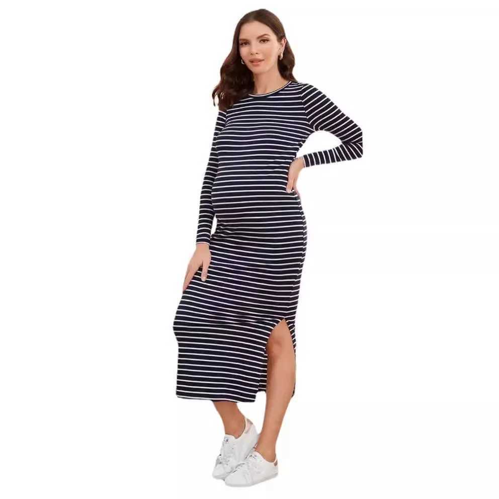 Womens long sleeved striped round neck maternity outfit sexy one-step technology casual wear casual wear casual wear spring summer W241026
