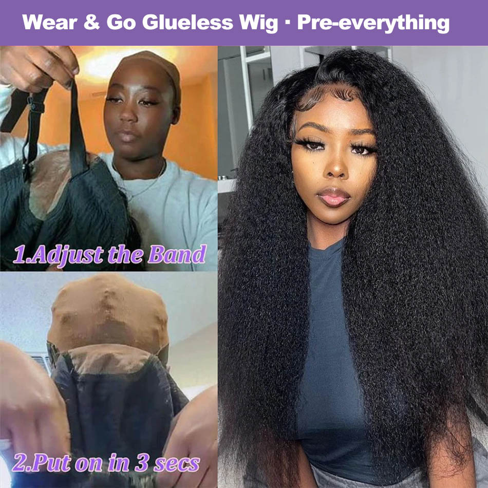 7x5 Glueless Kinky Straight Human Hair Wear Go Pre-bleached Ready to go Front Wig Pre-cut Lace Preplucked Wigs 12A