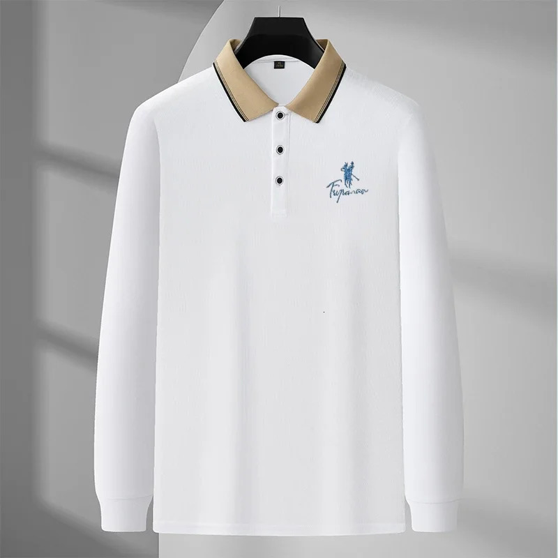 Mens Casual Embroidery Long Sleeve Polo Shirt Fashion Solid Color Top y241025