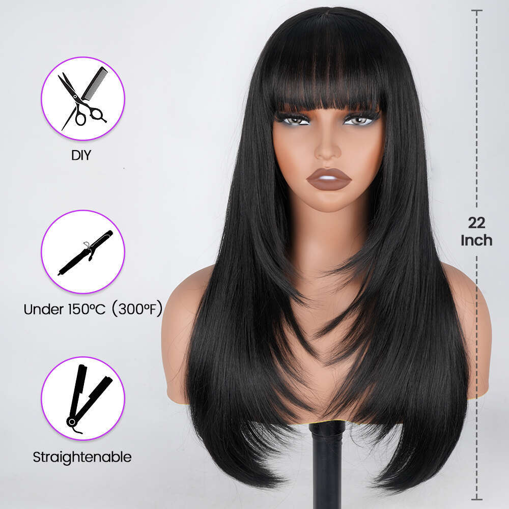 Straight Front With Bangs Glueless Layered Wigs Natural Synthetic Butterfly Haircut Reddish Brown Lace Wig For Women