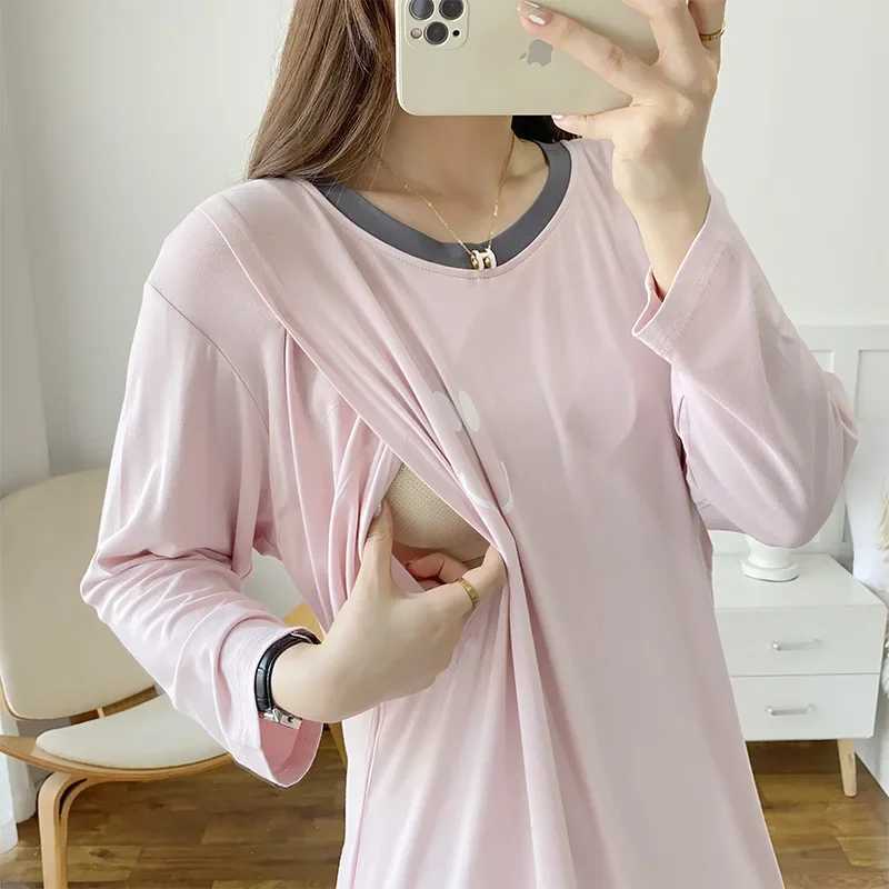 Nursing Sleep Dress Short Sleeve Modal Postpartum Clothing Feeding Night Light Pregnant Dress Long Summer Style W241026