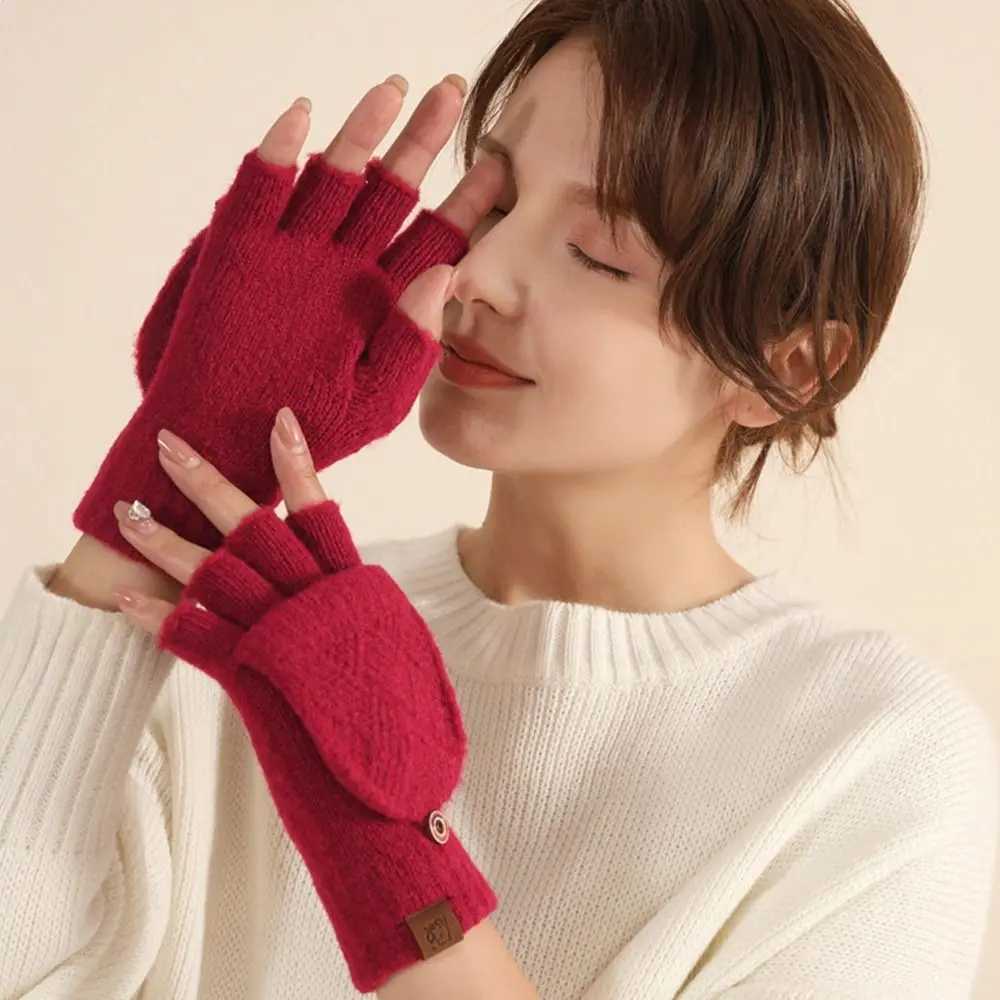 Womens winter warm Gs thick wool Gs knitted flip cover finger exposed finger thick Gs no finger gloves W241026