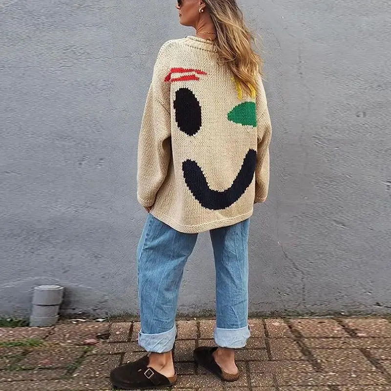 2024 Autumn Womens Oversized Sweaters O Neck Knitwear Long Sleeve Loose Fit Pullovers Female Casual Smile Boho Sweater Tops 241025