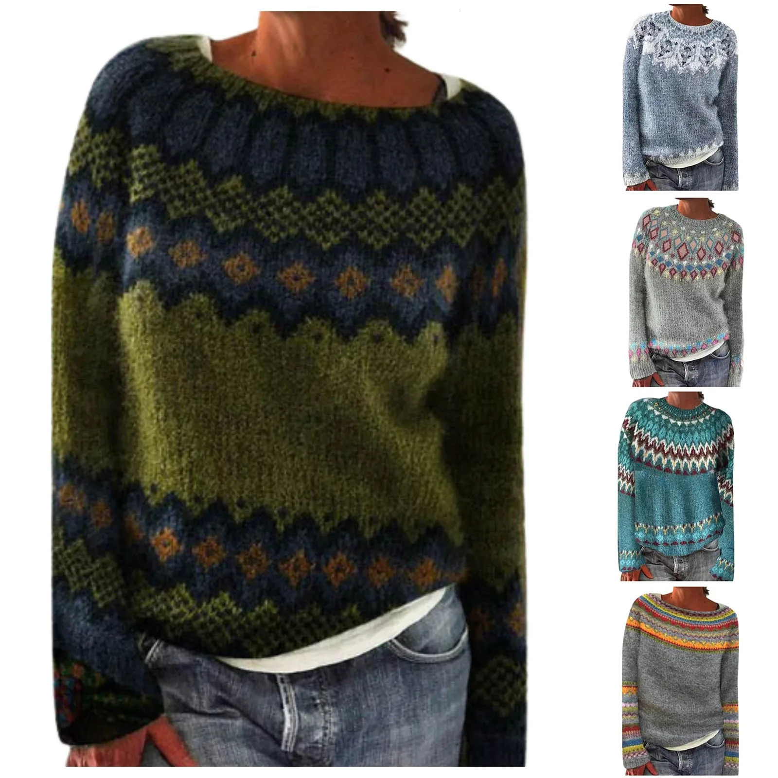 Womens printed pullover sweater for winter and autumn casual loose round neck long sleeved knitted jumper color blocked Christmas top 241025