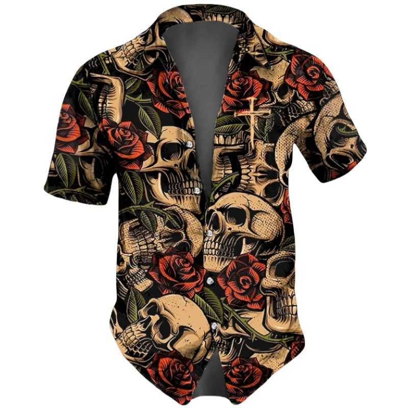 Horror Skull Print Mens Summer Hip Hop Style Short Sleve Collar Mens T-shirt Haian Beach Holiday Shirt W241026