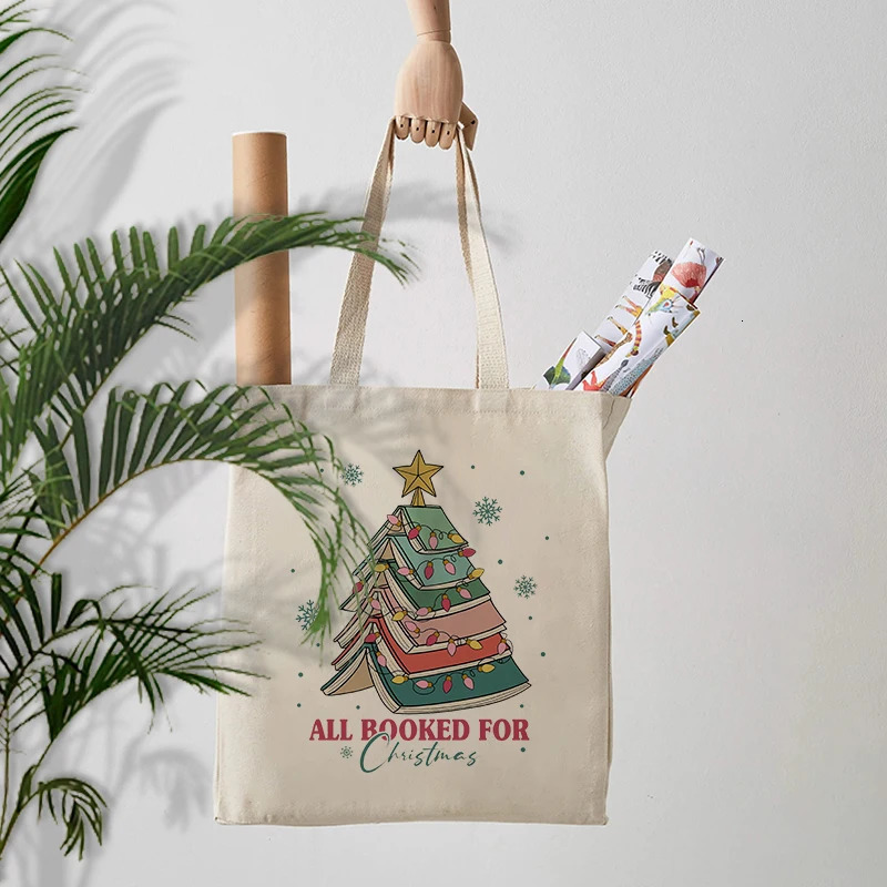 Christmas Book Tree Pattern Canvas Tote Bag Book Lovers Christmas Gift Women Shopping Bag Xmas Gift for Friends Shoulder Bags 241025