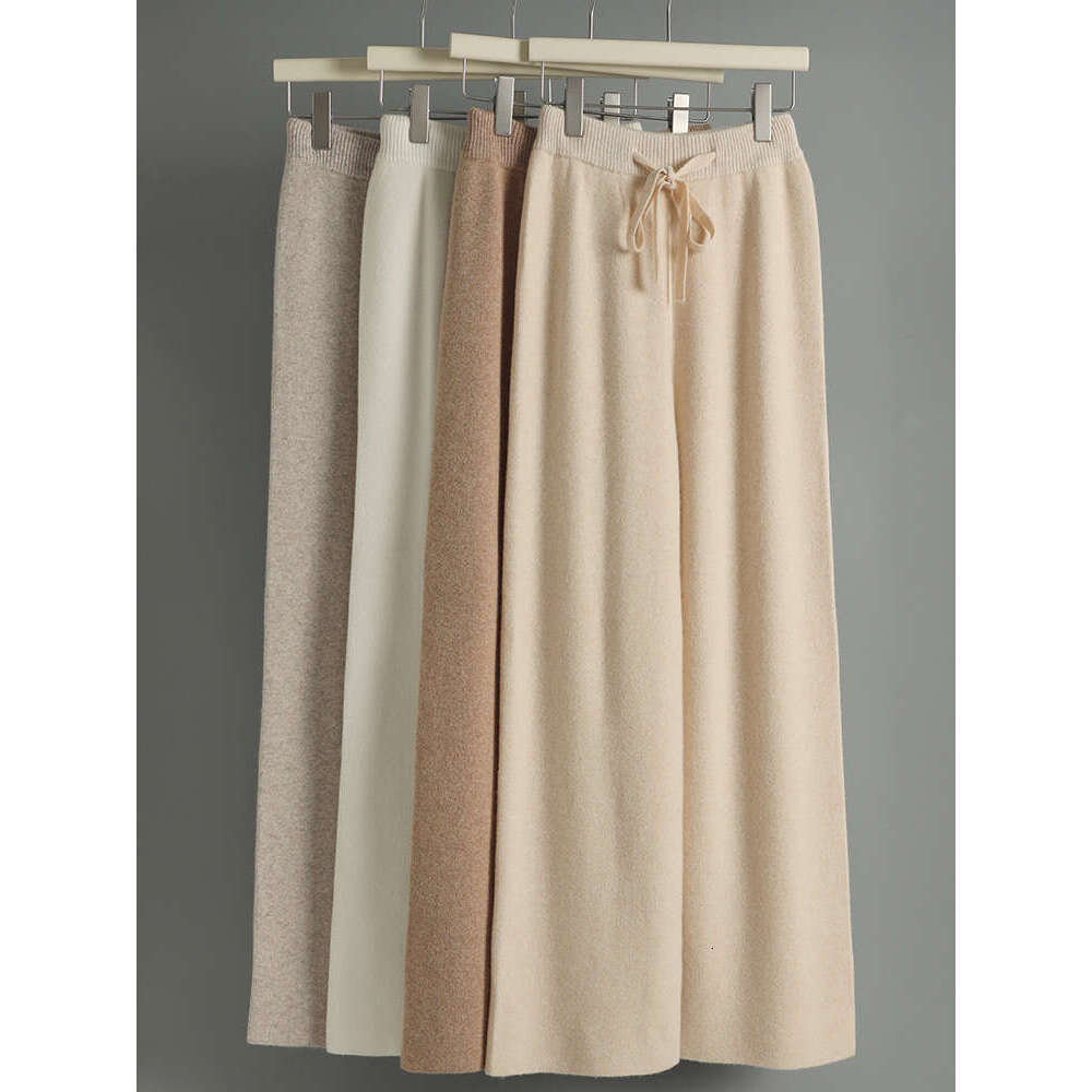 CHICUU Women Cashmere Autumn Winter Wide Leg Pants Full Length 100% Merino Wool Knitwear Basic Simple Trousers Korean