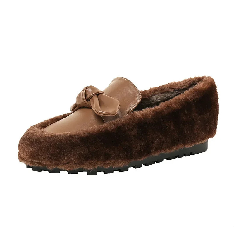 Winter white wool shoes for women sheepskin flat bottom bow knot Mocassines plush cotton snow boots for women Hiver Lambswool Loafers 241024