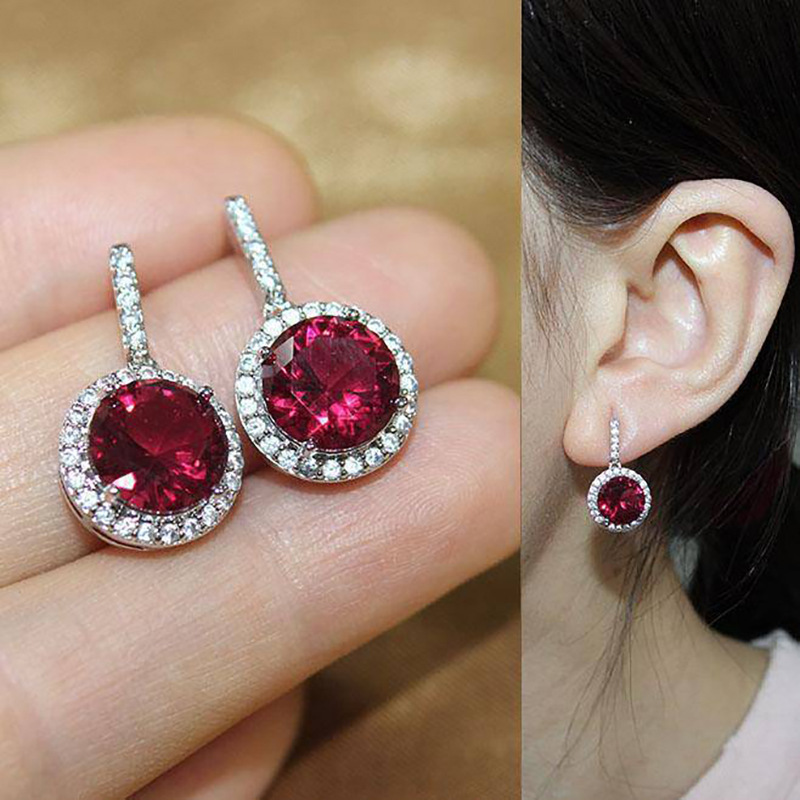 Luxury Round 925 Sterling Silver Zircon Earrings Women Pink Diamond Stud Earrings Red Crystal White Gold Earrings Wedding Jewelry
