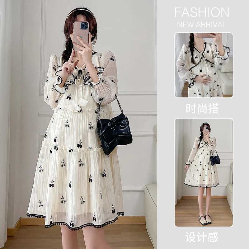 Autumn maternity dress fashionable printed pleated edge splicing work maternity spring dress loose A-line dress short skirt W241026