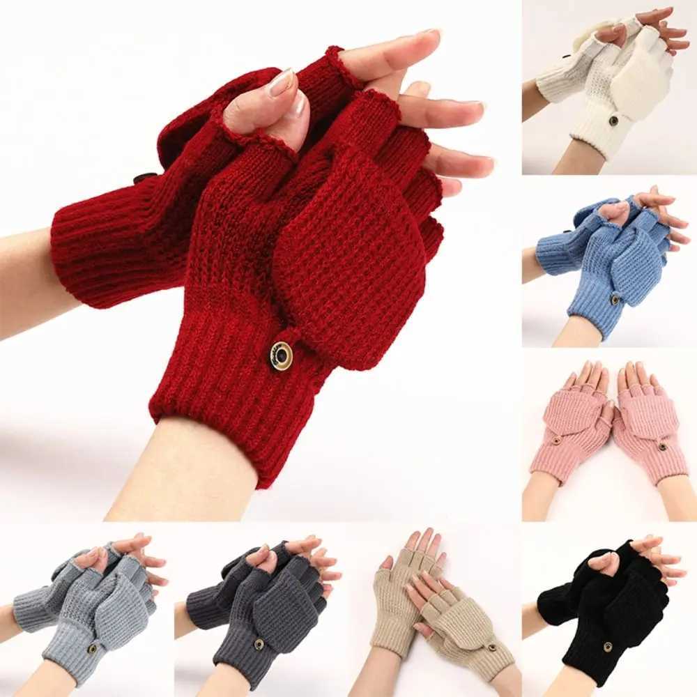 1 pair of knitted thick flap Gs classic solid color exposed Gs soft crochet finger gloves winter warm gloves W241026