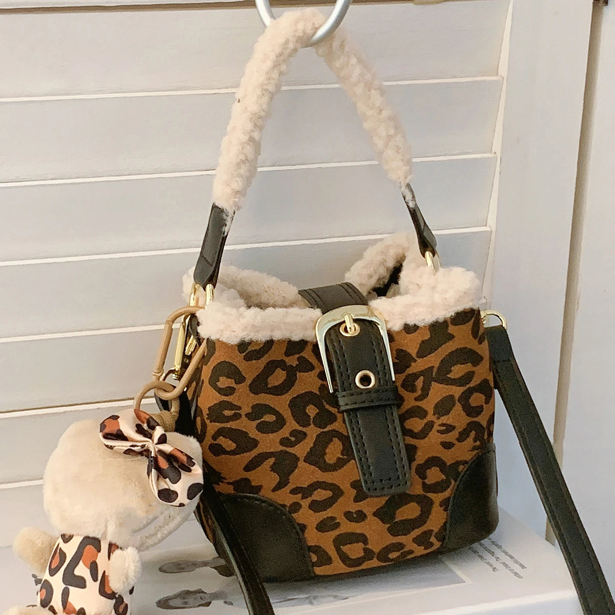 Retro womens leopard suede bag patch cashmere mini handbag womens casual set 241025