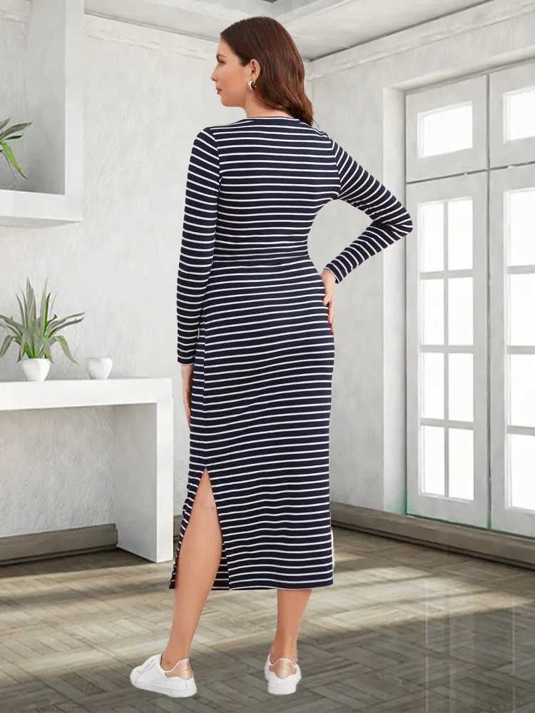 Womens long sleeved striped round neck maternity outfit sexy one-step technology casual wear casual wear casual wear spring summer W241026