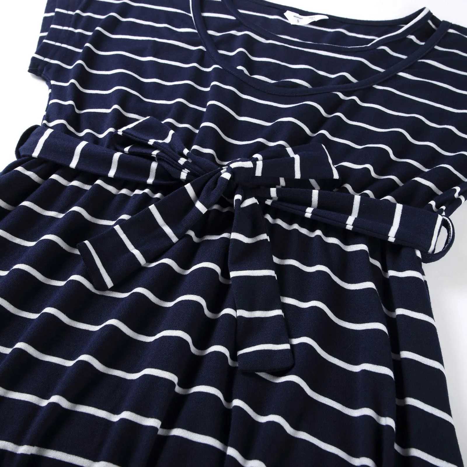 Womens summer short sleeved striped printed dress for pregnant women used for breastfeeding belt dress used for womens photography W241026