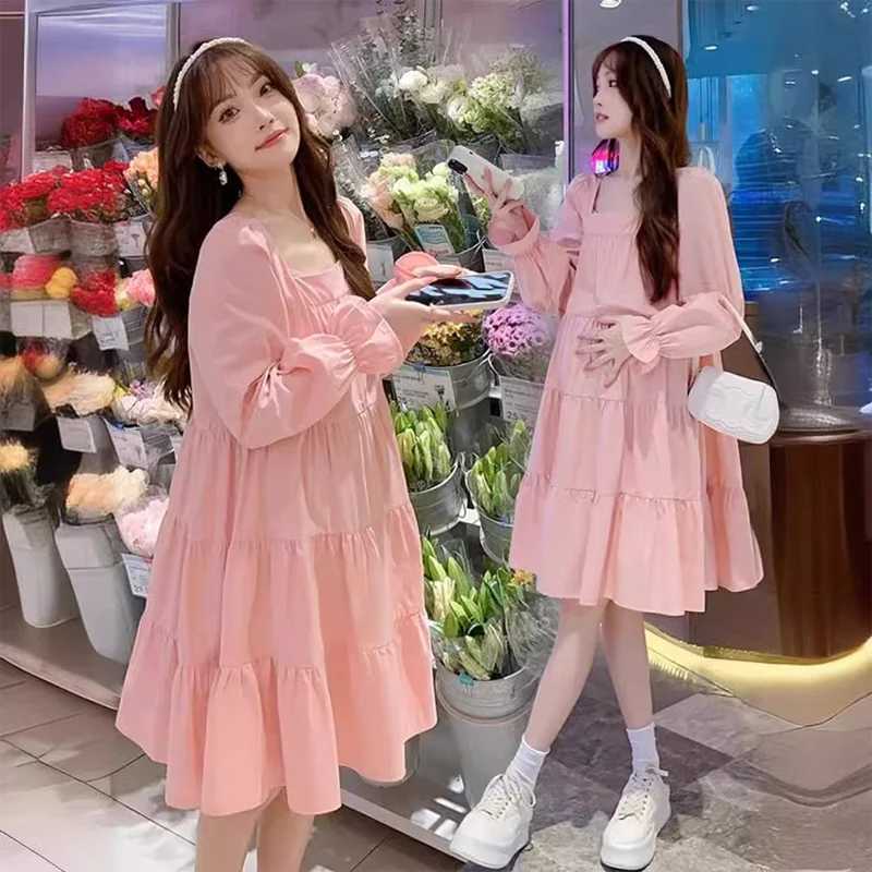 New Ins style pregnant womens spring and summer dresses sweet pink doll dresses Chinese New Year summer Komatsu A-line skiing W241026