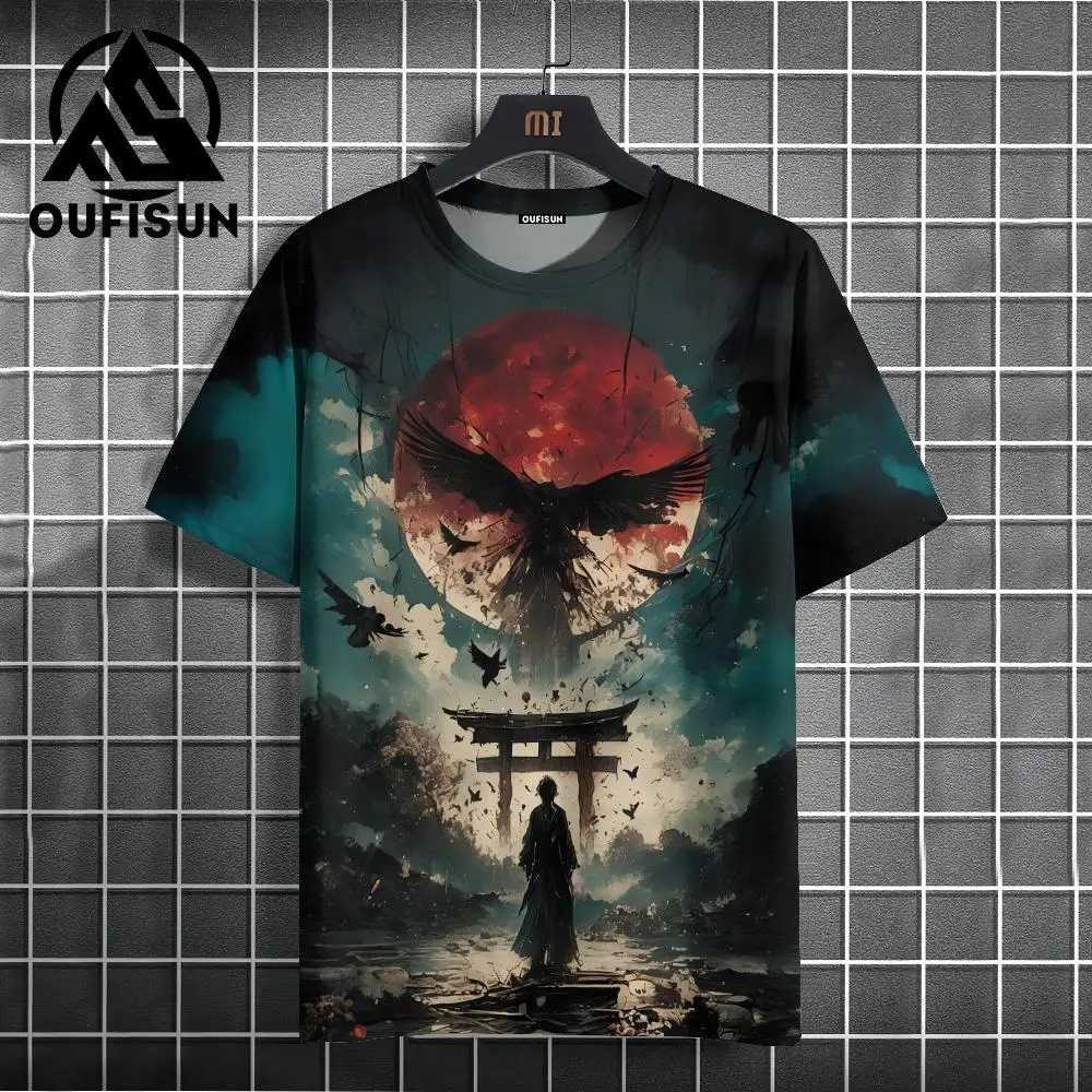 Japanese style mens T-shirt warrior pattern printed T-shirt casual loose shorts Ts oversized mens summer top W241026