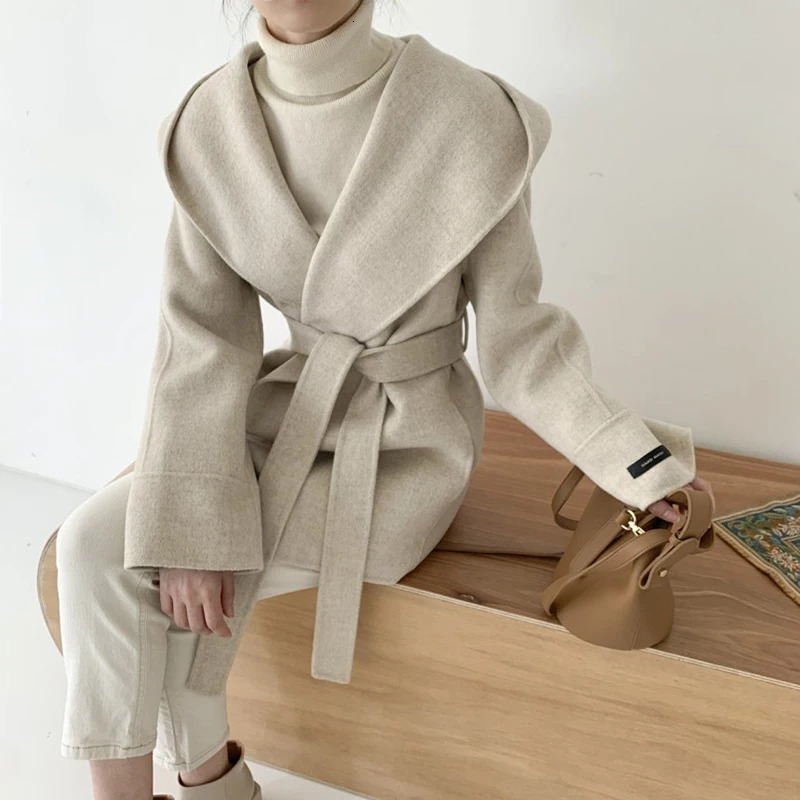 Elegant Wool Blends Coat Korean Black Hooded Woolen Jackets Ladies Fashion Bandage Overcoat Winter Commute Outerwears 241025