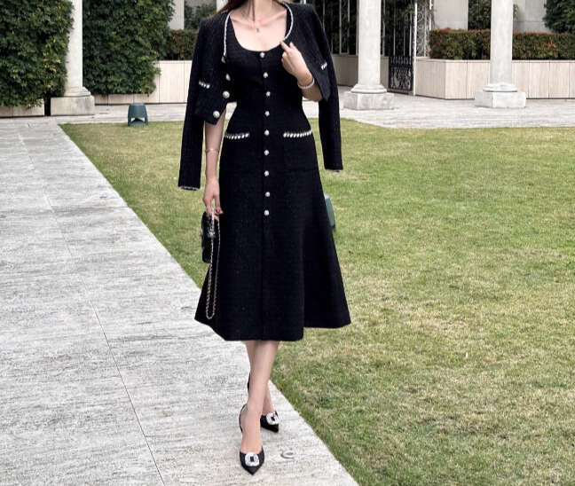 2024 New Spring Women's Suit, Mid Length Vest Skirt, Coarse Woolen Suit Two Piece Sets Womens Outifits