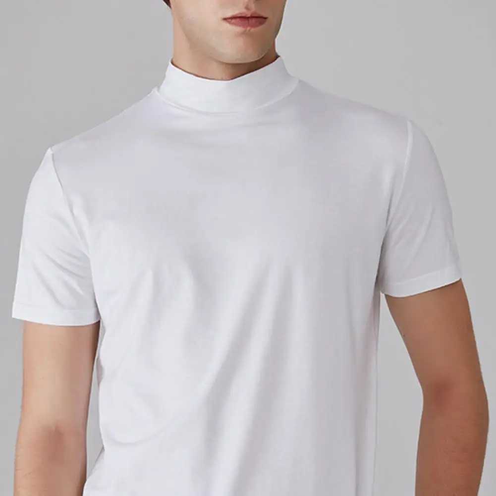 Mens semi high neck slim fit T-shirt for summer casual short Slve solid color elastic thin floral T-shirt W241026