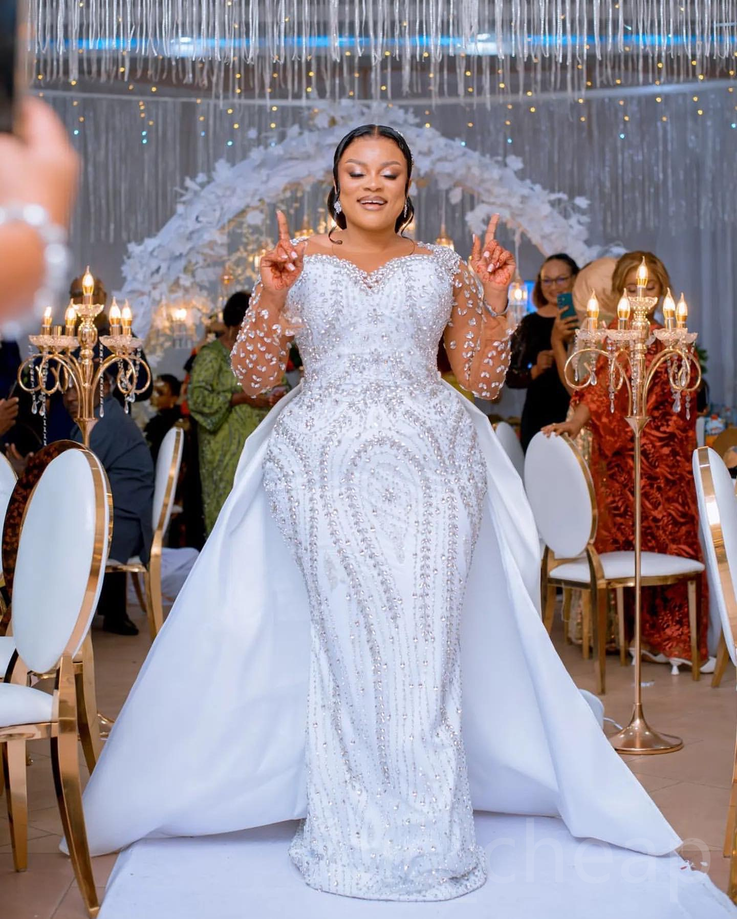 2024 Arabic Aso Ebi Plus Size White Mermaid Wedding Dresses Rhinestones Full Sleeves Sequined Lace Detachable Train Bridal Gowns Dress ZJ045