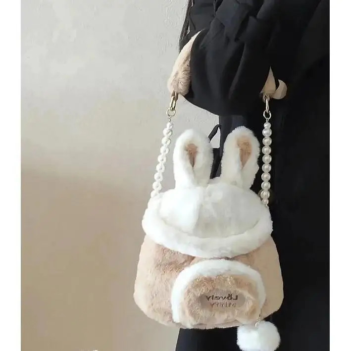 Kawaii Japanese Bag Autumn/Winter Soft Plush Storage Bag Womens Messenger Bag Cute Rabbit Ears Large Capacity Handbag 241025