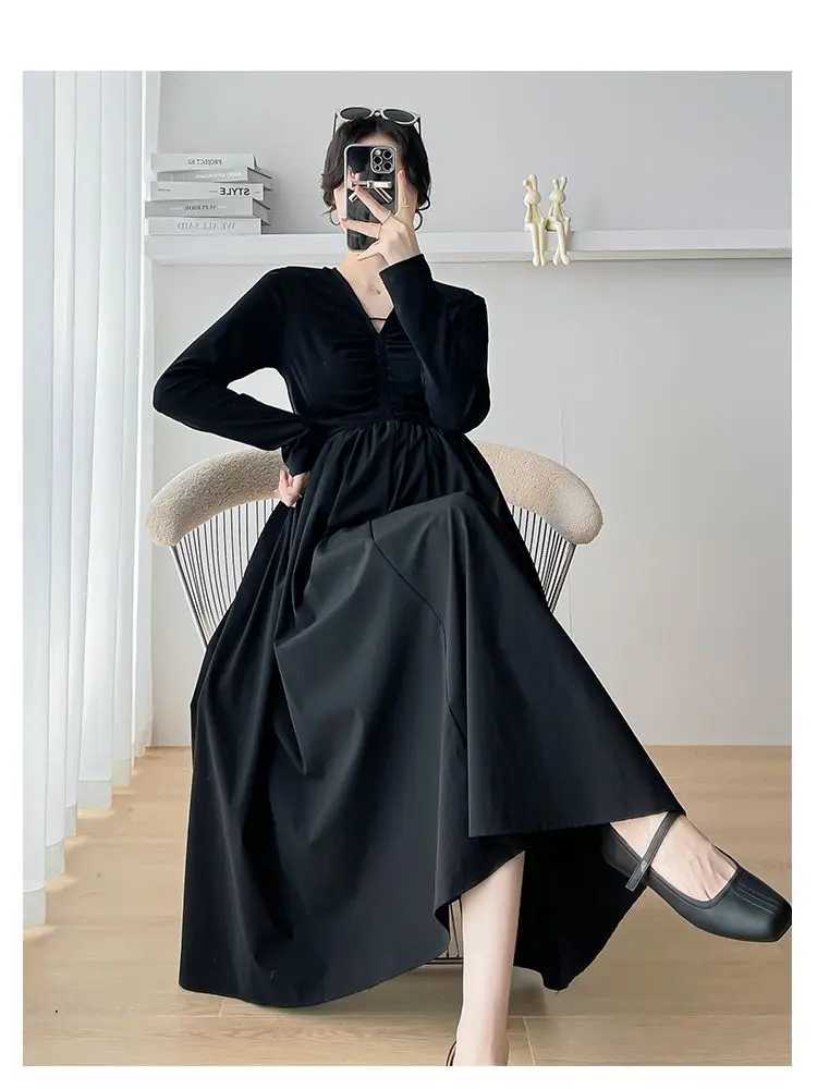 French maternity black dress autumn long sleeved Vneck elegant maternity empire dress plus size maternity party dress W241026
