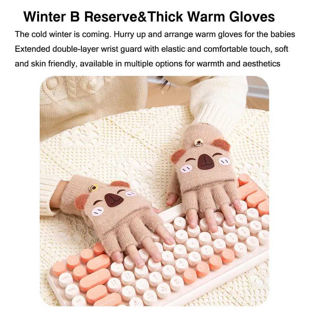 Cybara Kids Winter Gs Mink Thick Student Half Finger Collar Gs Cartoon Boys and Girls Warm Knitted Gloves W241026