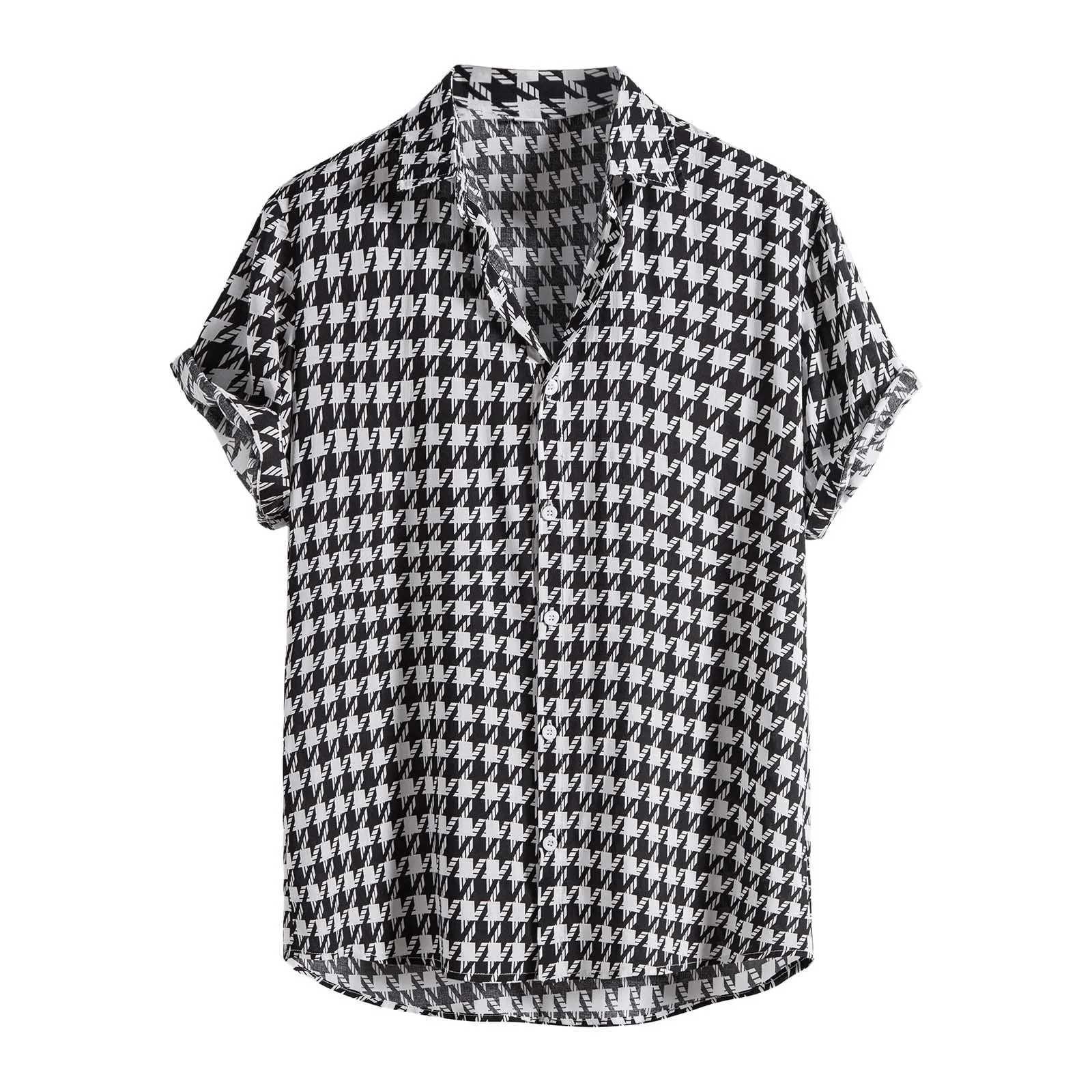 2024 Mens Short Sleve Casual Loose Shirt Summer Hound Plaid Shirt Mens Haian Short Sleve Beach Button Shirt W241026