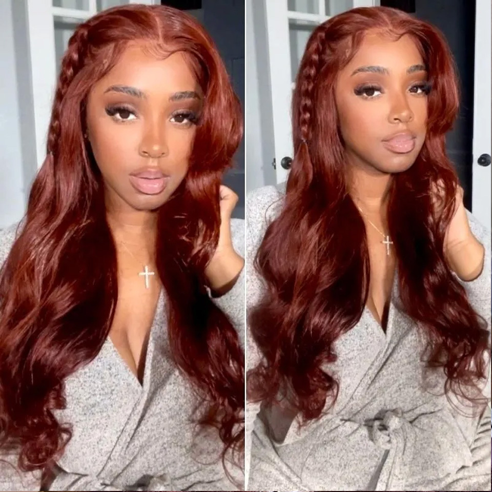 34 Inch Reddish Brown 13x6 HD Frontal Wig 13x4 Lace Front Human Hair Body Wave Closure Wigs