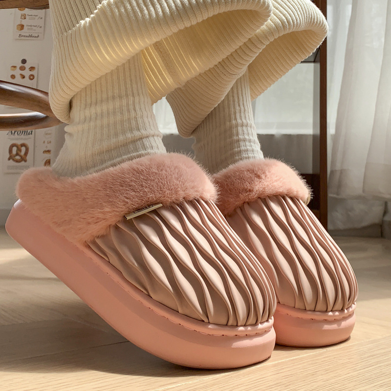 Cozy 2024 Women's Cotton Slippers: Veet-ed, Warm, Height Boosting, PU Leather, for Indoor Winter Wear b8d6