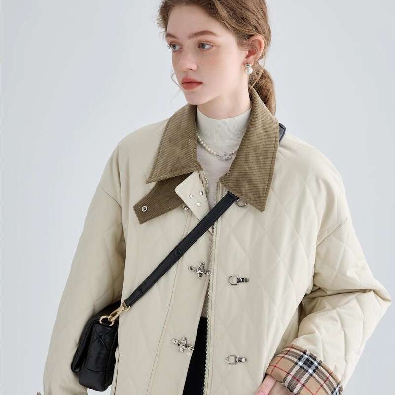 Square Collar Aircraft Button For Women In 2023 Winter Design, With A Patchwork Dia Checkered Cotton Jacket