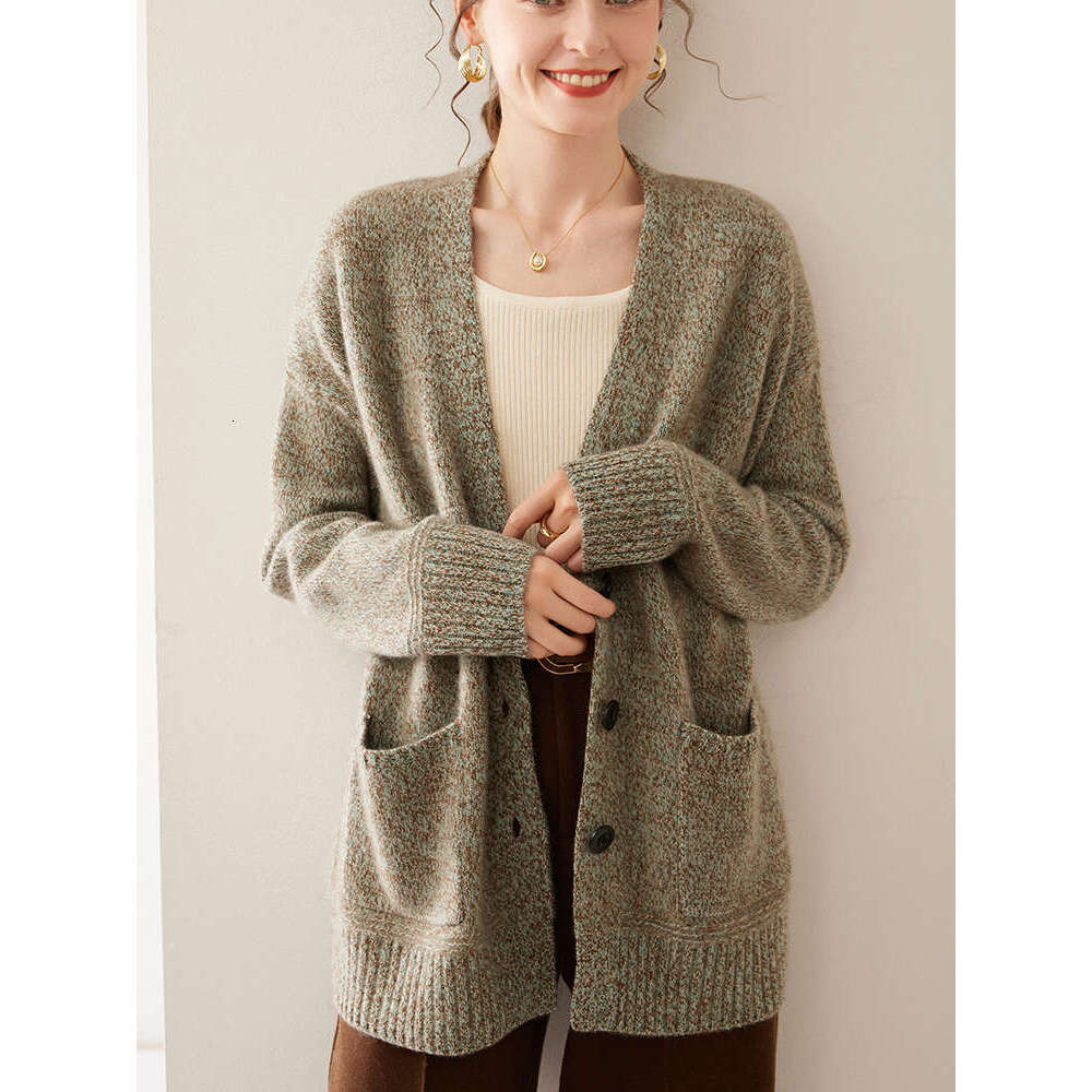 New Chic Women V-Neck Cardigan Sweater Autumn Winter Thick Loose Casual 100% Cashmere Knitwear Coat Korean Clothes Tops