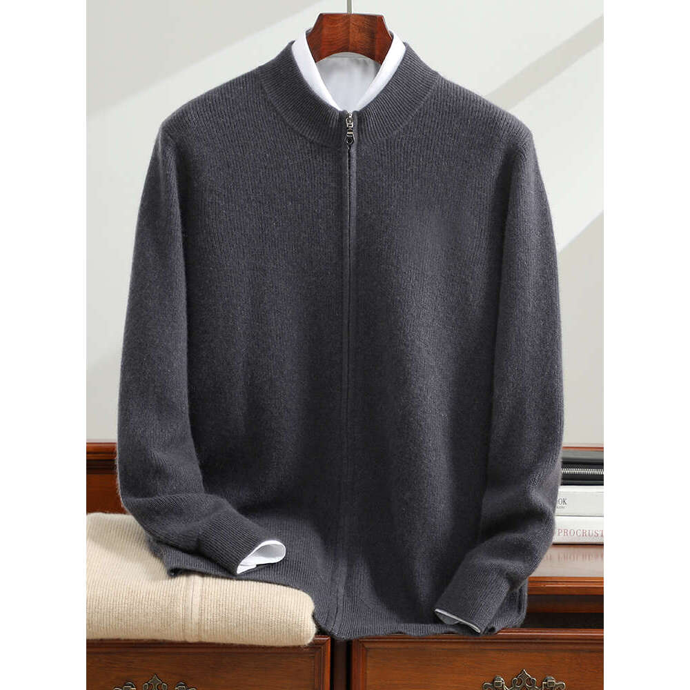 100% Cashmere Cardigan Men's Semi-High-Neck Zipper Coat Autumn Winter Thick Sweater Coat Large Size Men Jacket Warm Knit Shirt