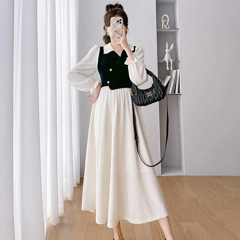2024 autumn and winter knitted patch work pregnant womens dress with long flame sleeves loose collar elegant pregnant womens clothing W241026