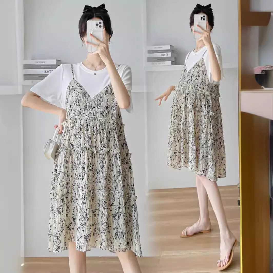 Pregnant womens clothing summer new floral L dress mini mens clothing splicing fashion mom loose large size small fresh summer dress thin W241026
