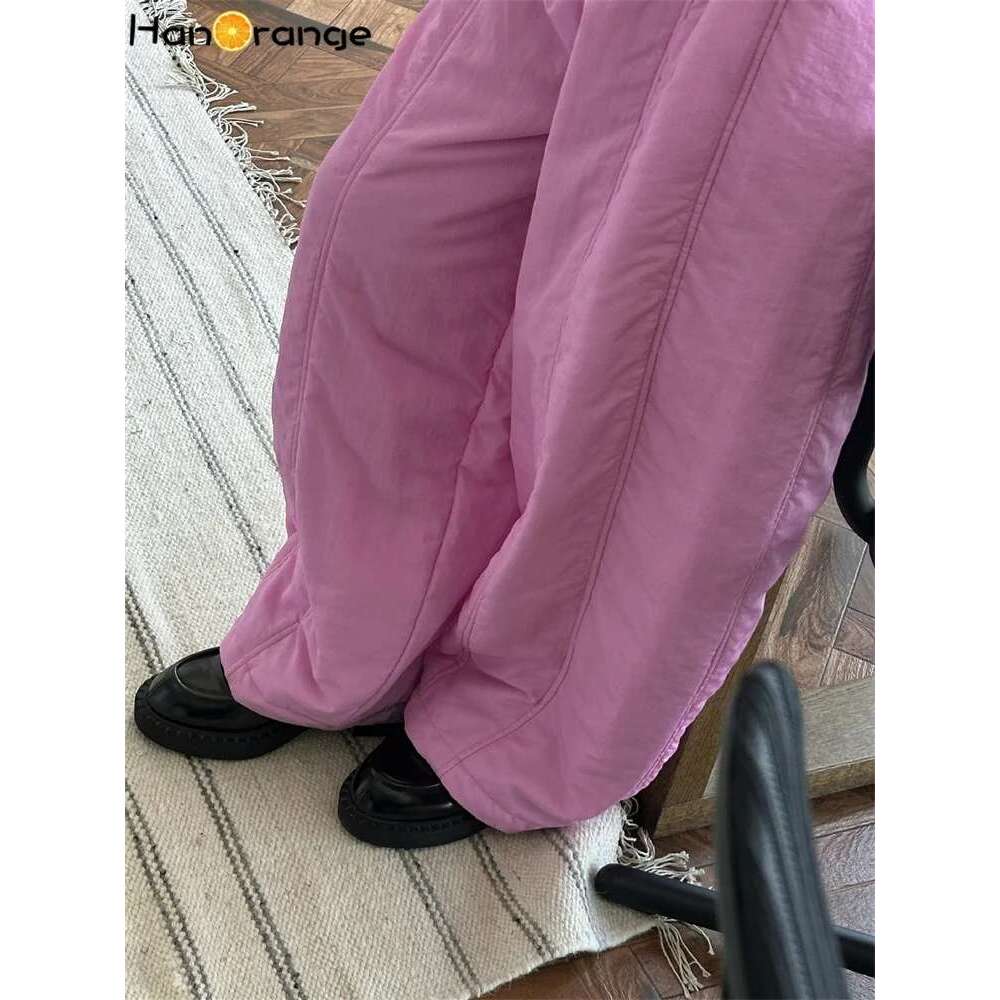 Hanorange 2024 Autumn Winter Simple Cotton Padded Pleated Pants Women Fluffy Silhouette Warm Nylon Trousers White/Pink